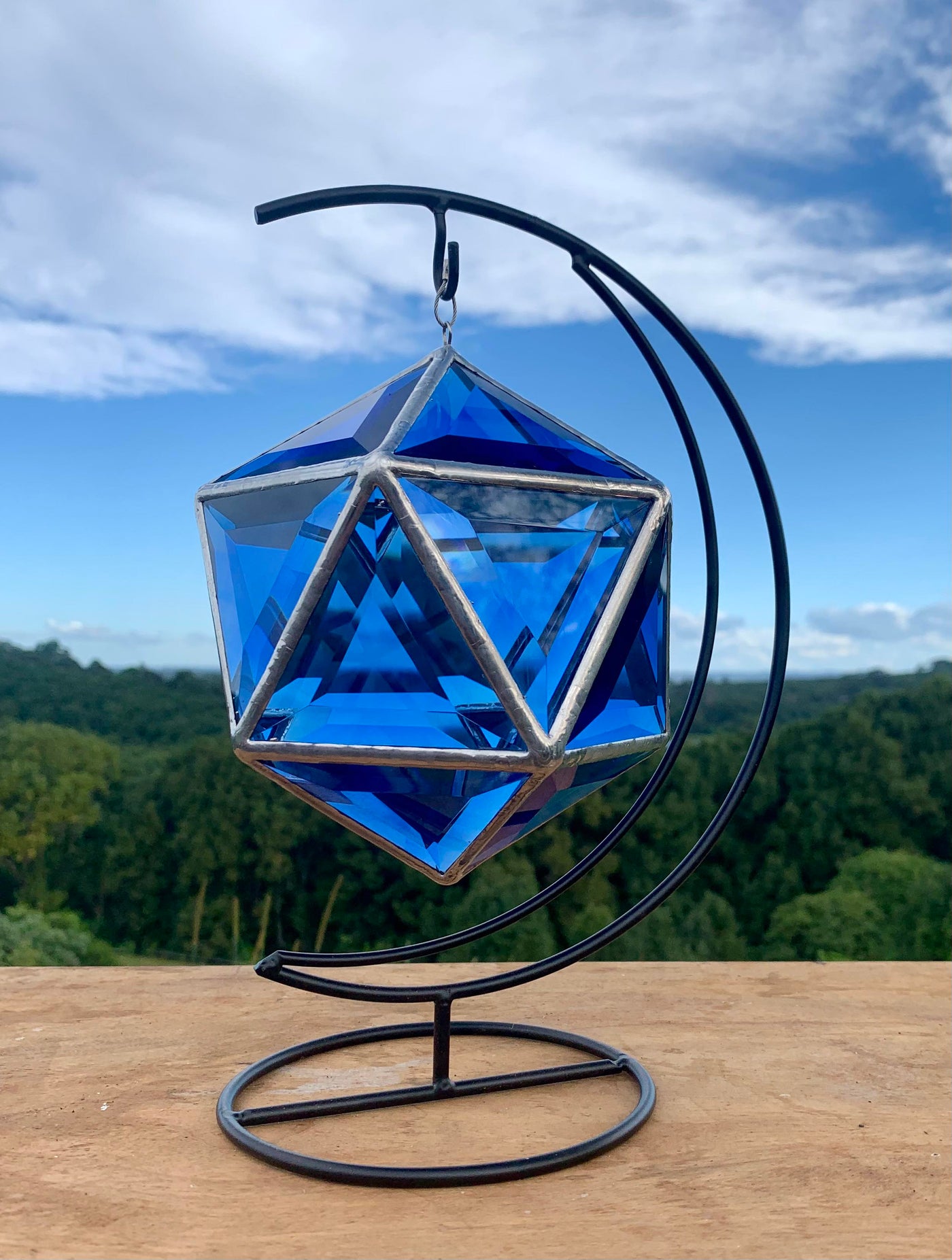 Once in a Blue Moon - Sapphire Blue Ankaa Icosahedron in Half Moon Stand