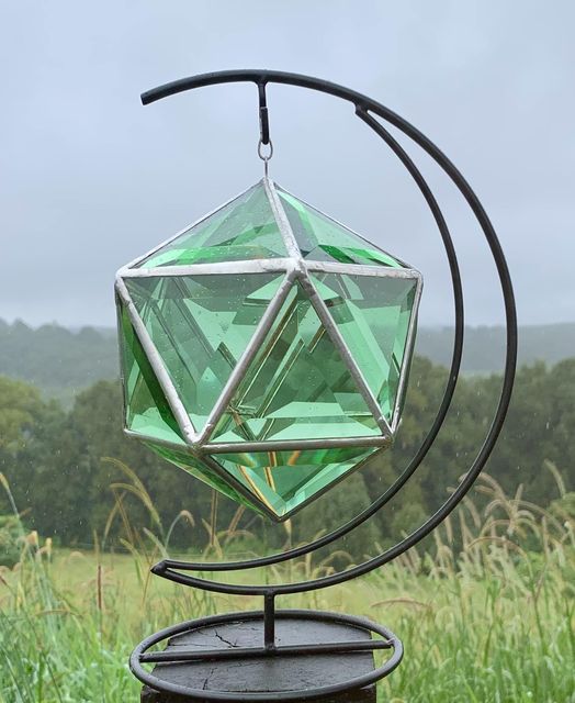 Green Aura - Emerald Green Glass Icosahedron in Half Moon Stand