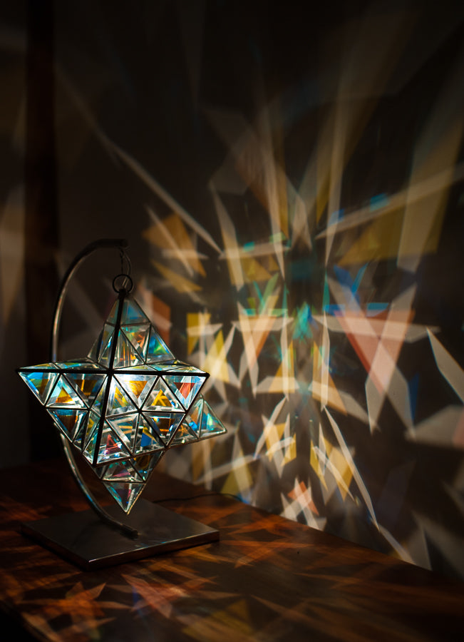 AVAILABLE NOW: Ariel Luminary Star Tetrahedron Geometric Pendant Light in Stainless Steel Stand  | Dichroic Clear Glass