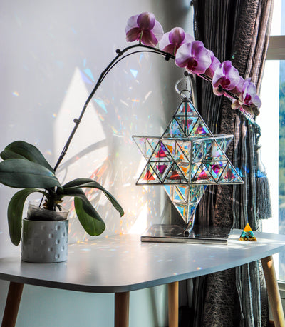 AVAILABLE NOW: Ariel Luminary Star Tetrahedron Geometric Pendant Light in Stainless Steel Stand  | Dichroic Clear Glass