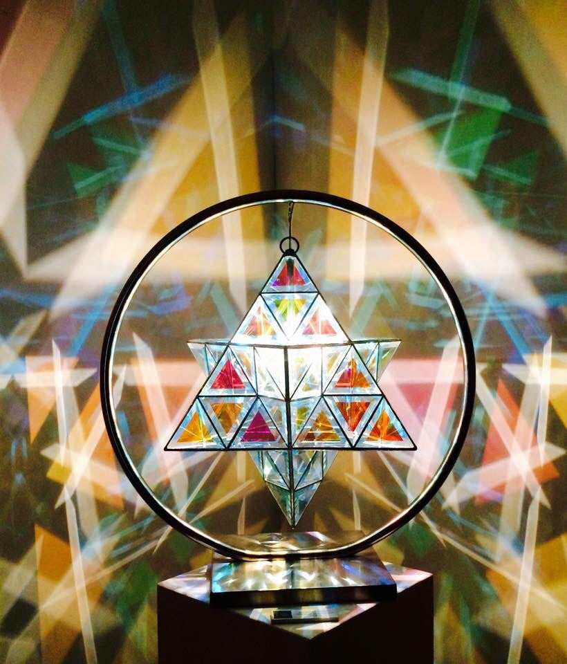 AVAILABLE NOW: Ariel Luminary Star Tetrahedron Geometric Pendant Light in Stainless Steel Stand  | Dichroic Clear Glass