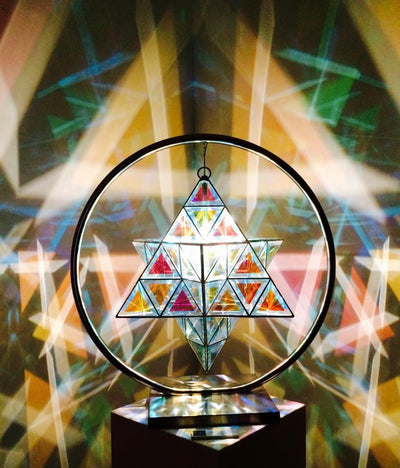 AVAILABLE NOW: Ariel Luminary Star Tetrahedron Geometric Pendant Light in Stainless Steel Stand  | Dichroic Clear Glass