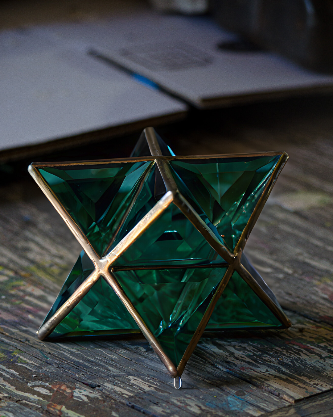 Emerald Renewal Ariel | Merkaba Green Glass Sculpture with Copper Finish