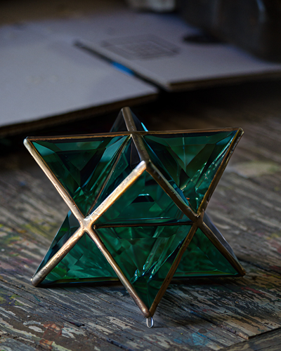 Emerald Renewal Ariel | Merkaba Green Glass Sculpture with Copper Finish