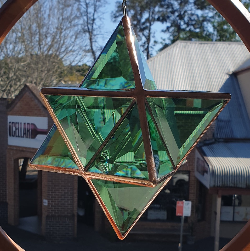Emerald Renewal Ariel | Merkaba Green Glass Sculpture with Copper Finish