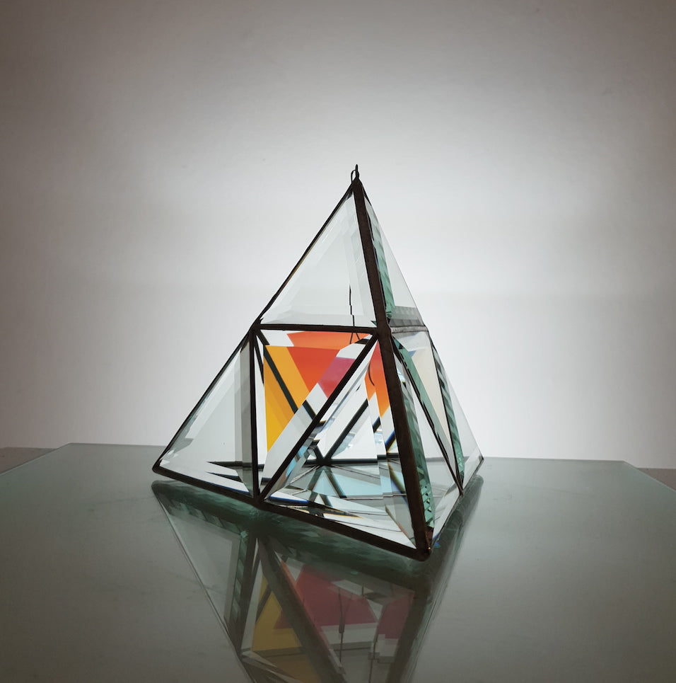 Orion Geometric Glass Sculpture - Clear Glass with Dichroic Panel - Tetrahedron
