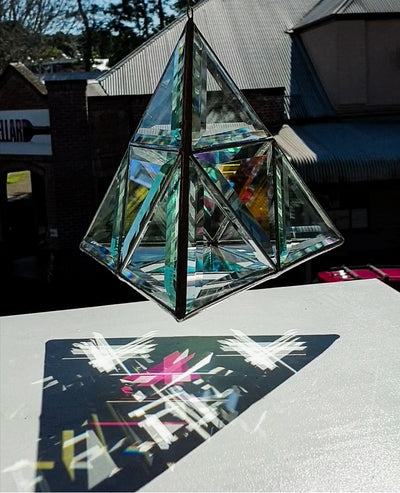 Orion Geometric Glass Sculpture - Clear Glass with Dichroic Panel - Tetrahedron