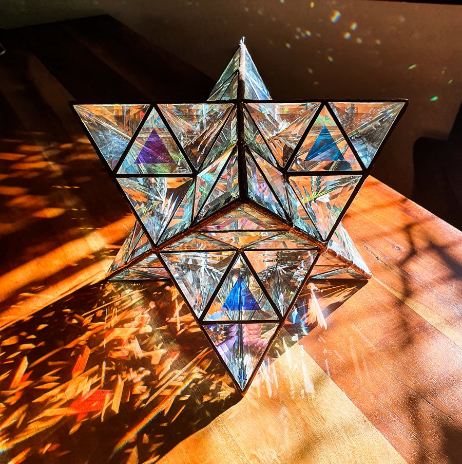 Merkaba Sculpture | 36cm & 49cm | Dichroic and Clear Glass Mix with Copper Finish